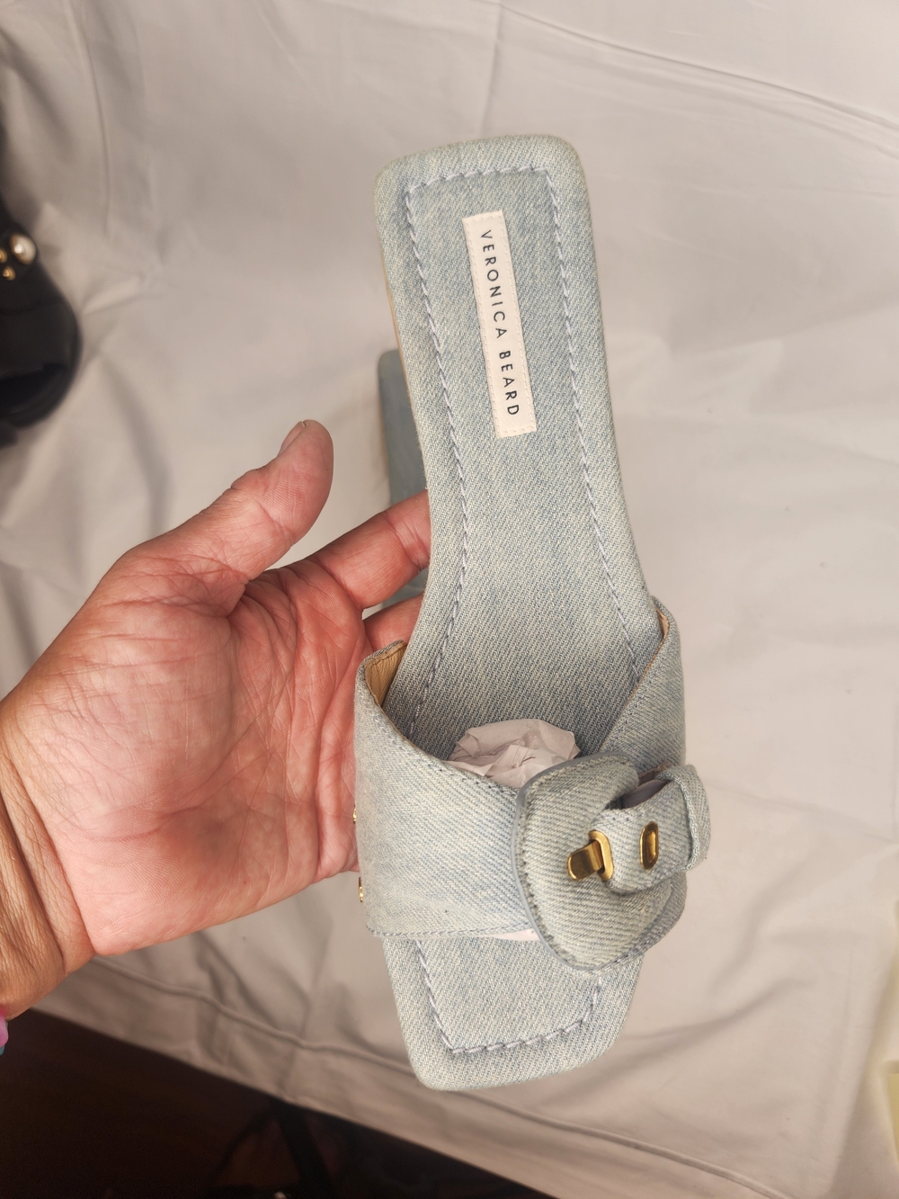 Veronica Beard Light Wash Denim Buckle Slide